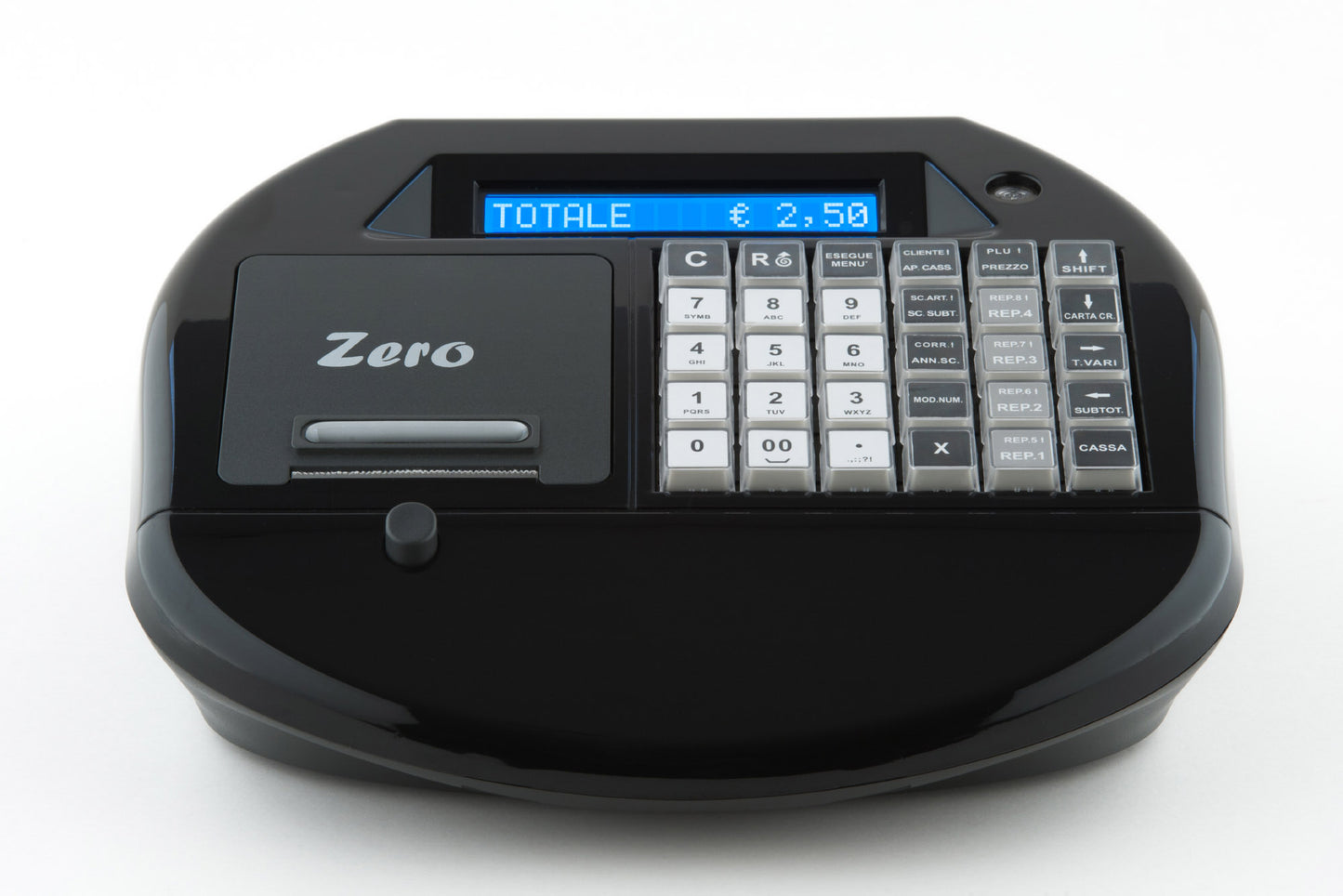 Registratore di cassa telematico Zero Plus E.D.it di colore nero – vista frontale con tastiera compatta e display LCD