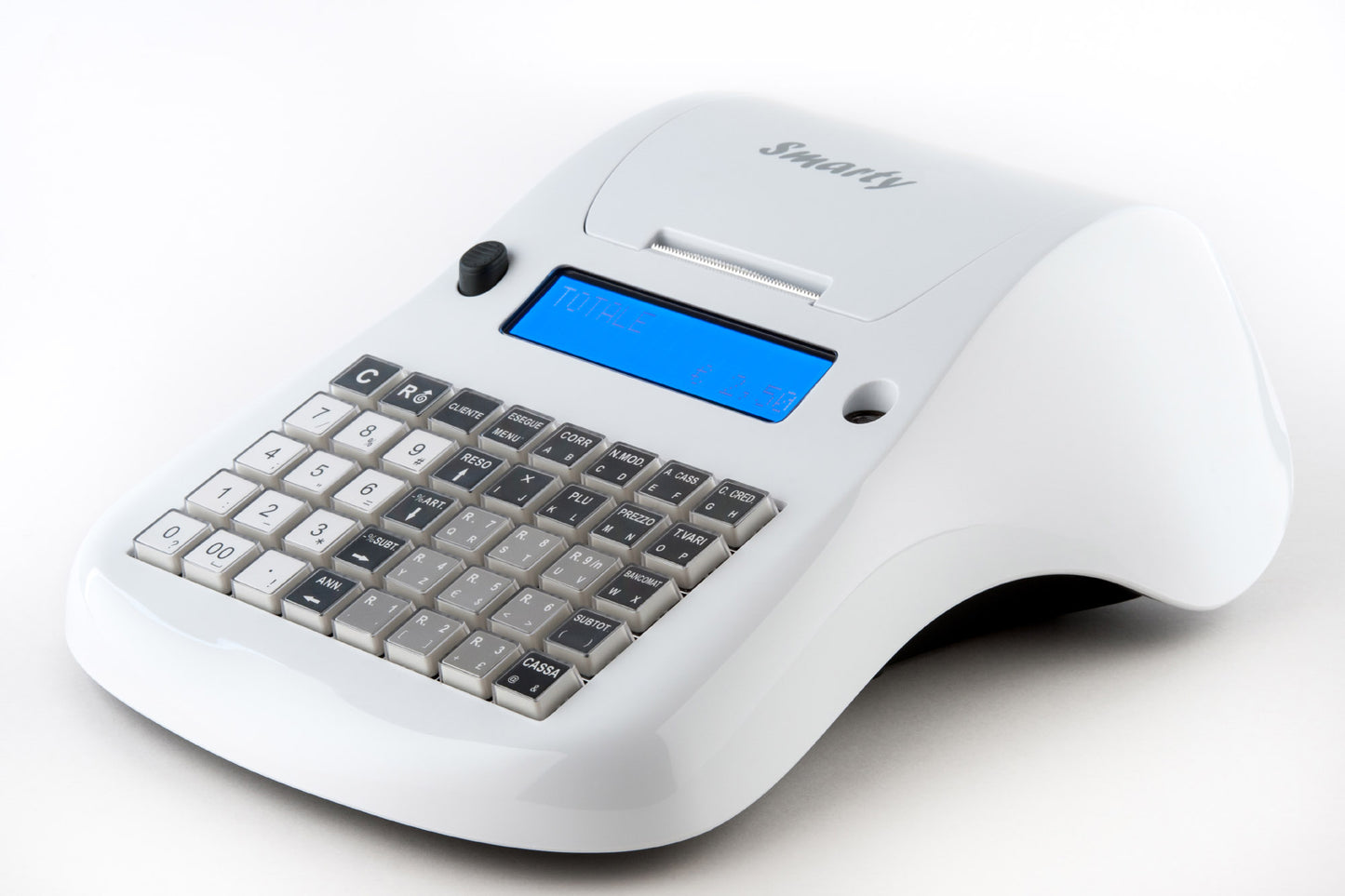 Profilo laterale del registratore Smarty Plus con design compatto ed elegante di colore bianco