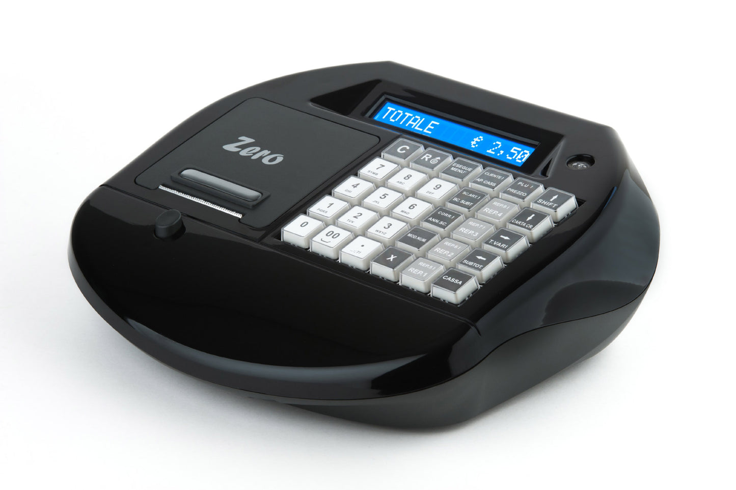 Vista laterale del registratore Zero Plus di colore nero – design compatto ed elegante, ideale per ogni banco vendita