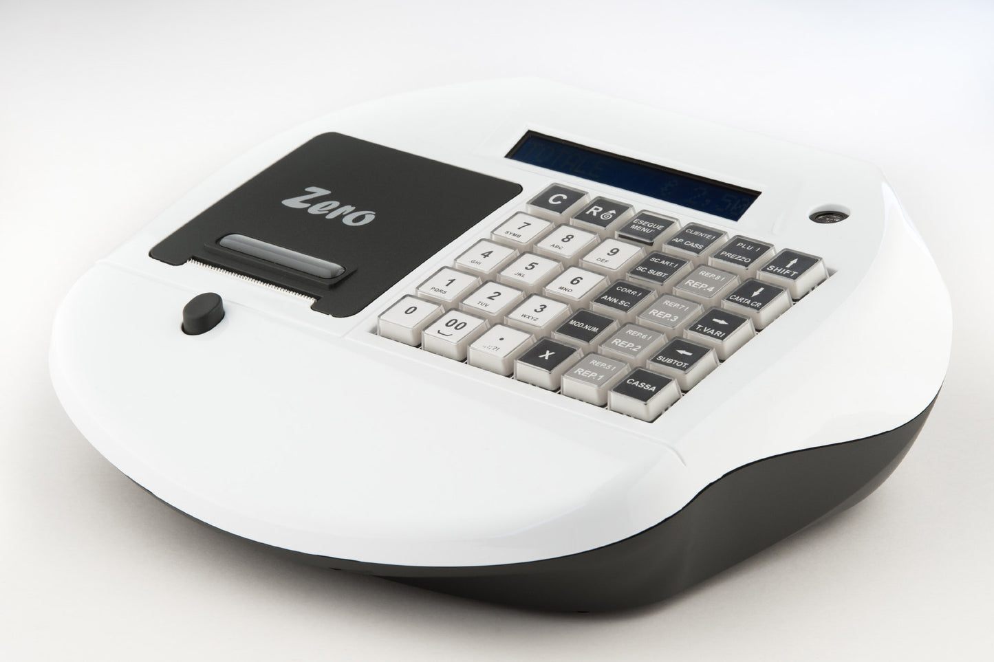 Vista laterale del registratore Zero Plus di colore bianco – design compatto ed elegante, ideale per ogni banco vendita
