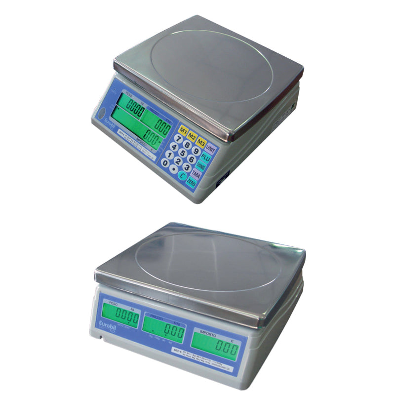 Bilancia Eurobil Ministella con piatto in acciaio inox e doppio display LCD retroilluminato, ideale per negozi e vendita al dettaglio.