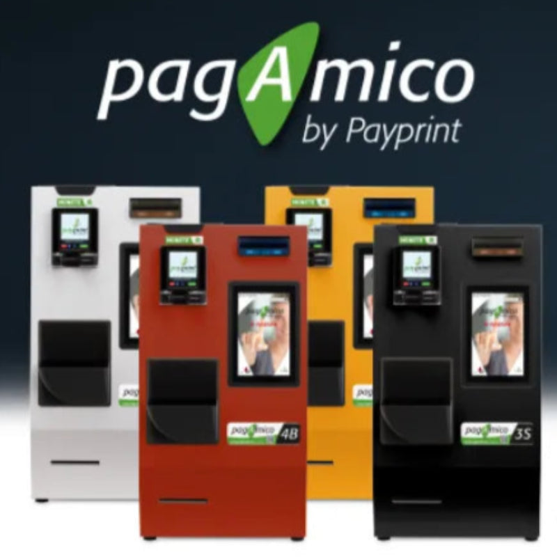 Collezione casse PagAmico in 4 colori: rosso, nero, bianco e giallo – automazione per negozi
