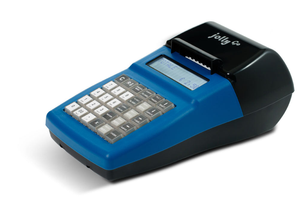 Registratore Edit Jolly Go blu – vista laterale con display acceso e tastiera completa