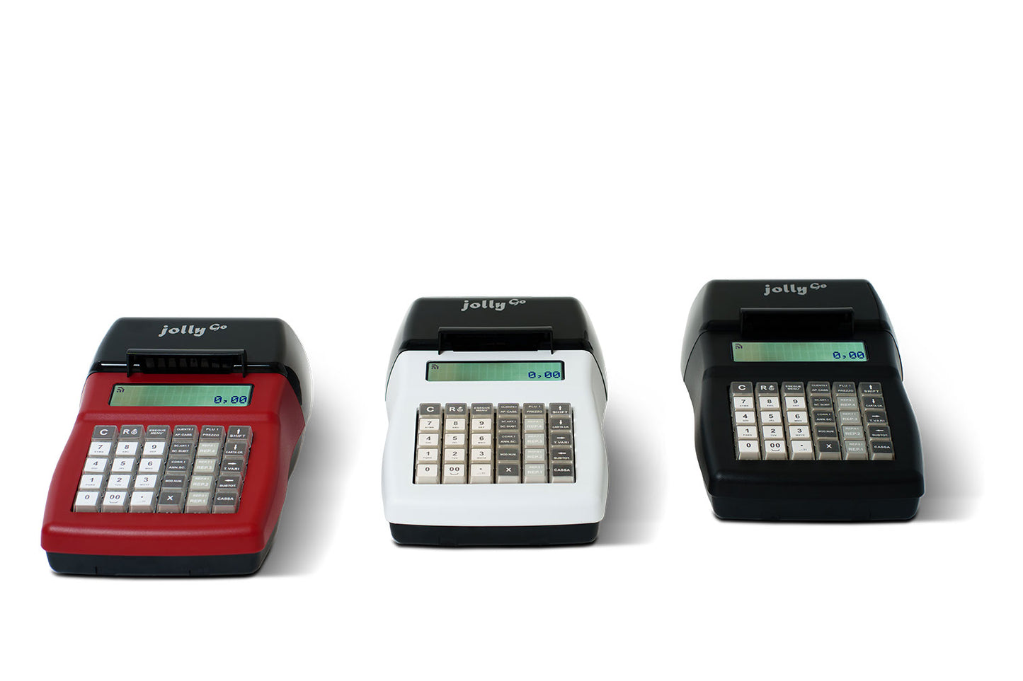Registratori Edit Jolly Go in tre varianti colore – rosso, bianco e nero – vista frontale