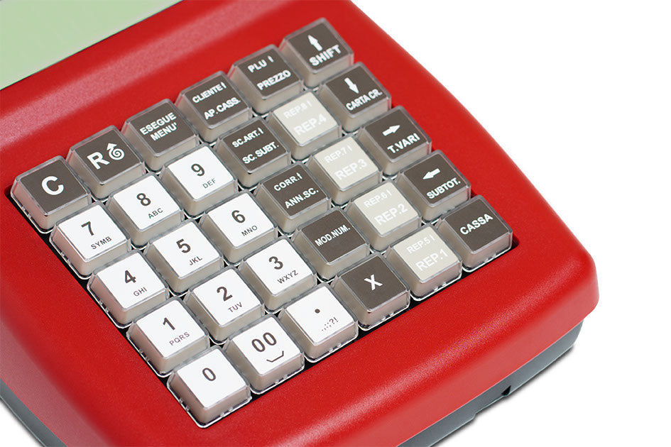 Registratore di cassa Edit Jolly Go rosso – vista obliqua con display attivo e tasti leggibili