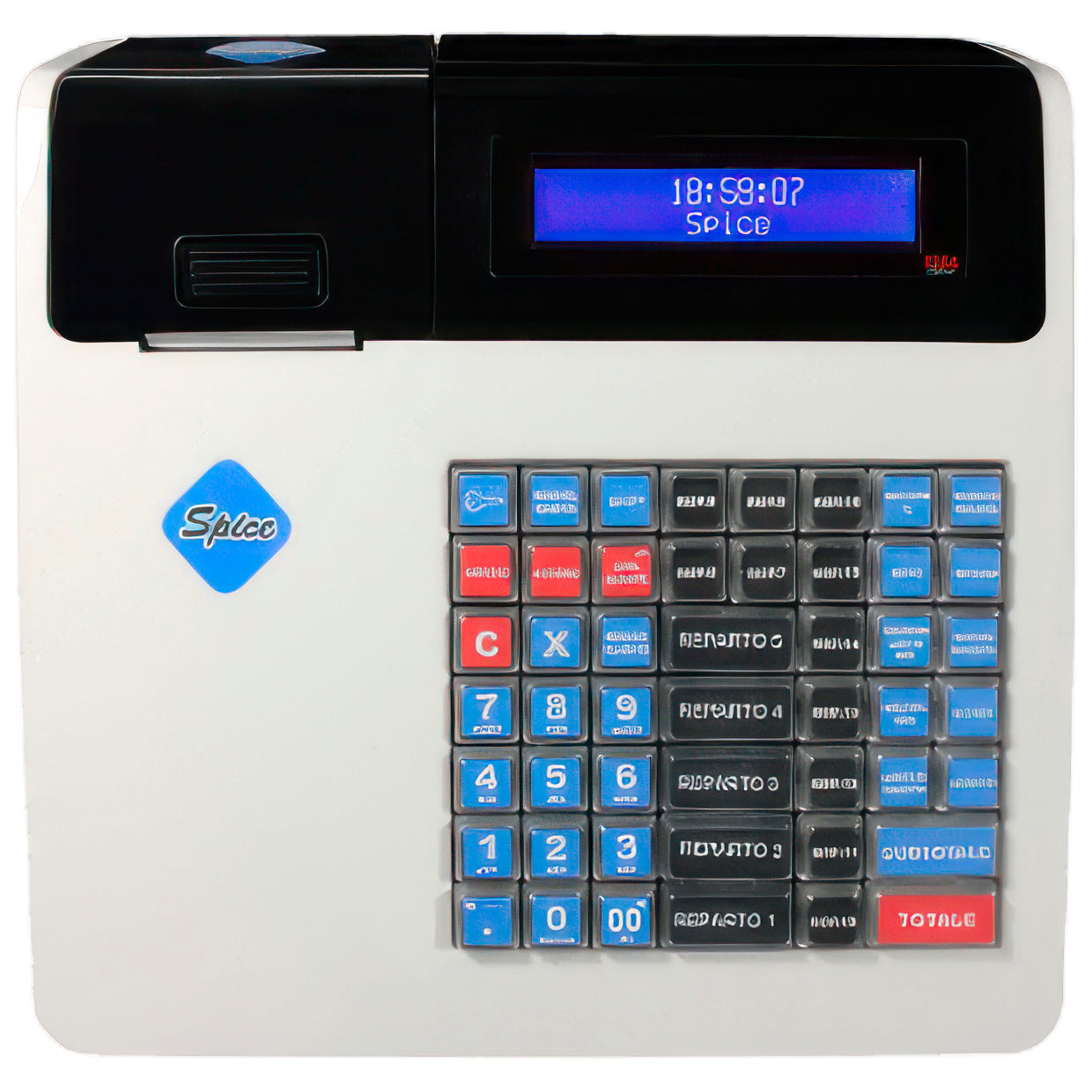 Vista dall’alto del registratore di cassa Spice con tastiera completa a 56 tasti e display operativo