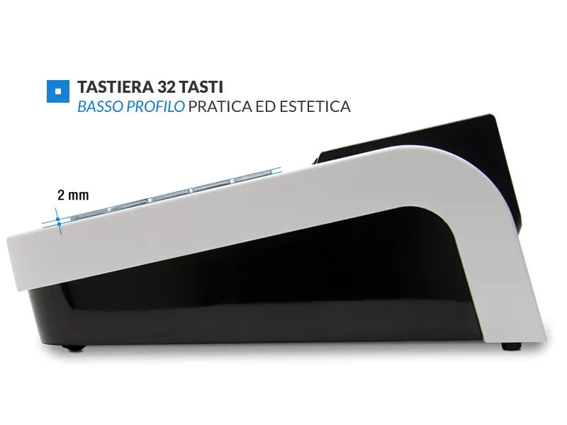 Vista laterale del registratore MCT K-BILL RT con tastiera meccanica a basso profilo da 2 mm
