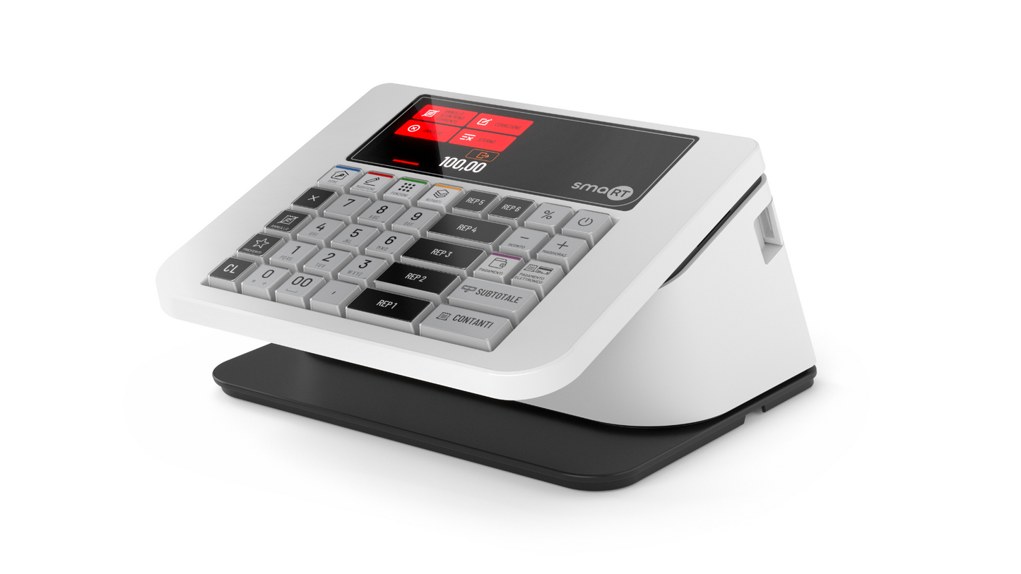 Registratore di cassa Labware smaRT – vista laterale con tastiera e display touch attivo