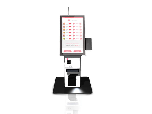 Vista frontale del totem K-MAT 21 con interfaccia ordini e pagamento
