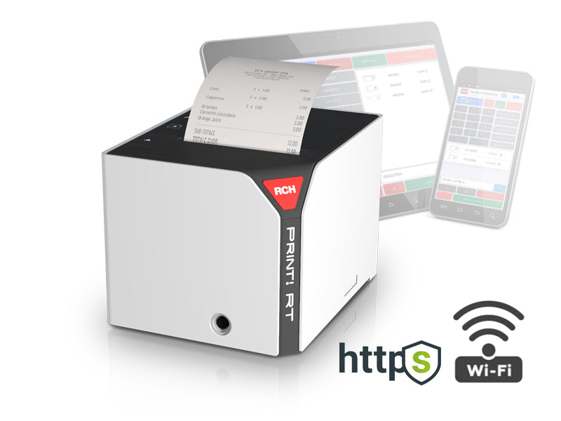 Stampante fiscale RCH PRINT! RT con connessione Wi-Fi e protocollo HTTPS, compatibile con tablet e smartphone