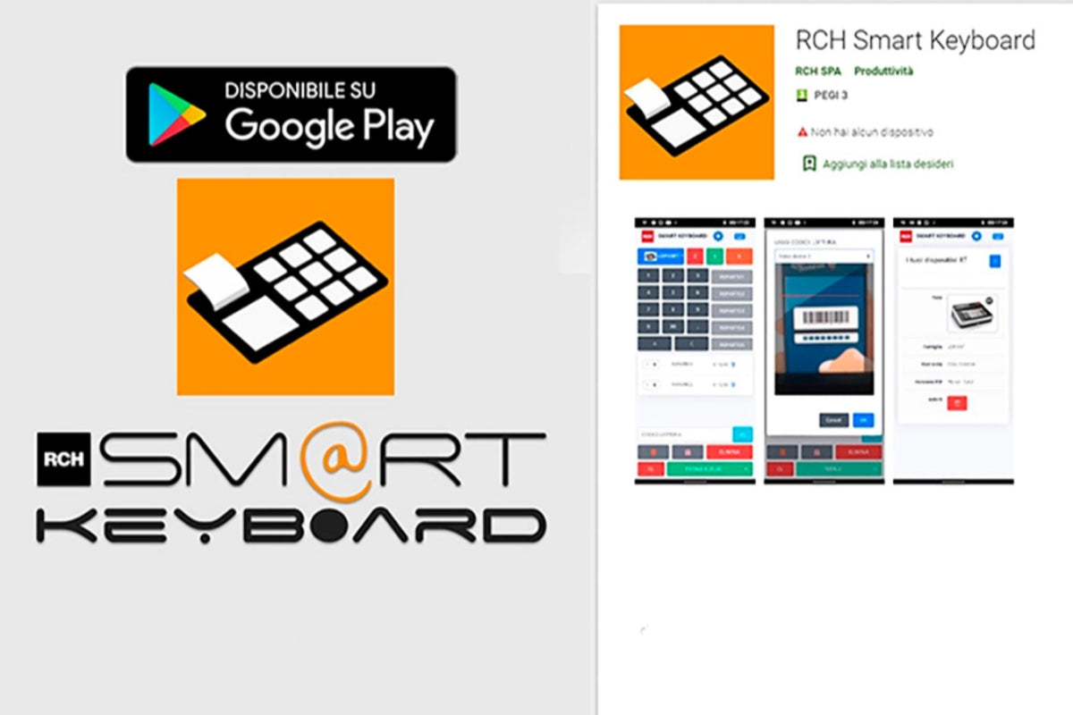 Interfaccia e logo dell'app RCH Smart Keyboard disponibile su Google Play per la gestione da smartphone o tablet Android