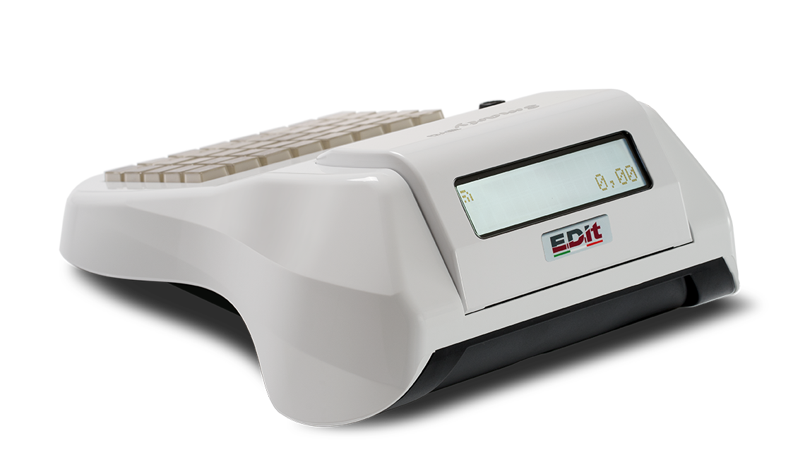 Vista posteriore del registratore di cassa Smarty Evo bianco – logo EDit e display cliente