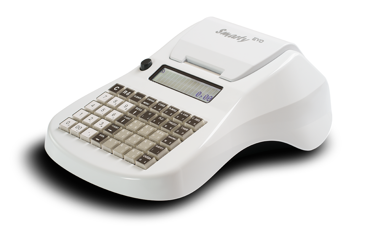Registratore Smarty Evo bianco – vista angolata con tastiera completa e display LCD