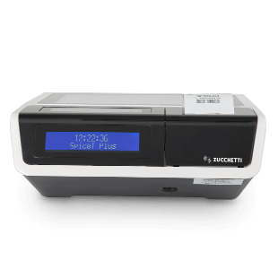 Vista posteriore del registratore Spice T Plus con display cliente e logo Zucchetti
