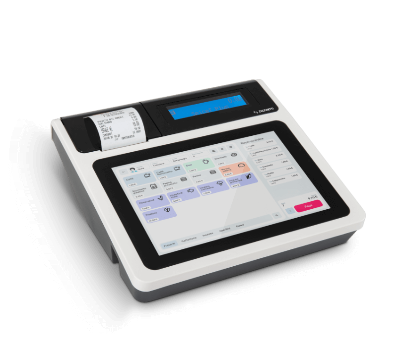 Registratore Spice T Plus Zucchetti – vista obliqua con touch screen attivo e stampa scontrino