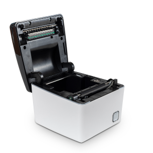 Stampante PR3 Ital-Retail con coperchio aperto – meccanismo Easy Loading per sostituzione rapida del rotolo