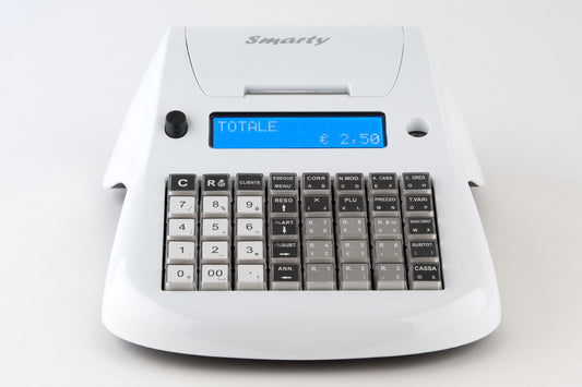 Registratore di cassa telematico Smarty Plus E.D.it – vista frontale con tastiera e doppio display LCD di colore bianco