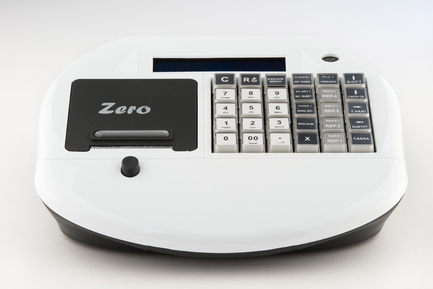 Registratore di cassa telematico Zero Plus E.D.it di colore bianco – vista frontale con tastiera compatta e display LCD