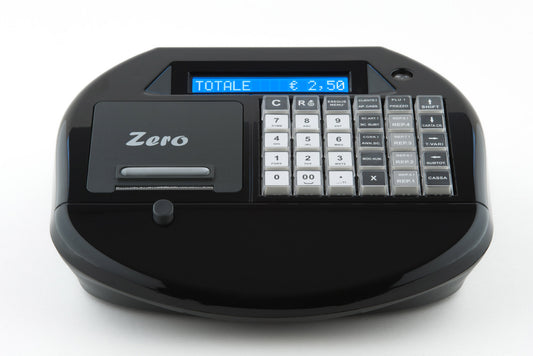 Registratore di cassa telematico Zero Plus E.D.it di colore nero – vista frontale con tastiera compatta e display LCD