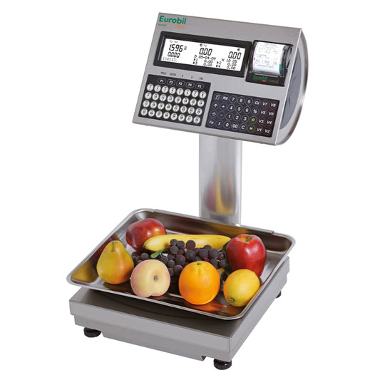 Bilancia Eurobil Sun Eco Plus Alta con colonna, vaschetta inox e display retroilluminato per uso professionale retail e horeca
