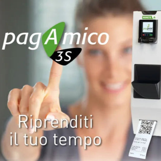 Cassa automatica rendiresto PagAmico 3S bianca con display touchscreen attivo e ricevuta QR code