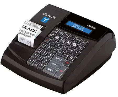 Registratore telematico Custom BIG PLUS N RT – vista frontale con tastiera e scontrino in stampa