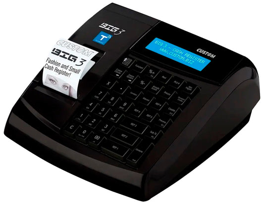 Registratore telematico Custom BIG 3 RT – vista frontale con tastiera alfanumerica e display retroilluminato