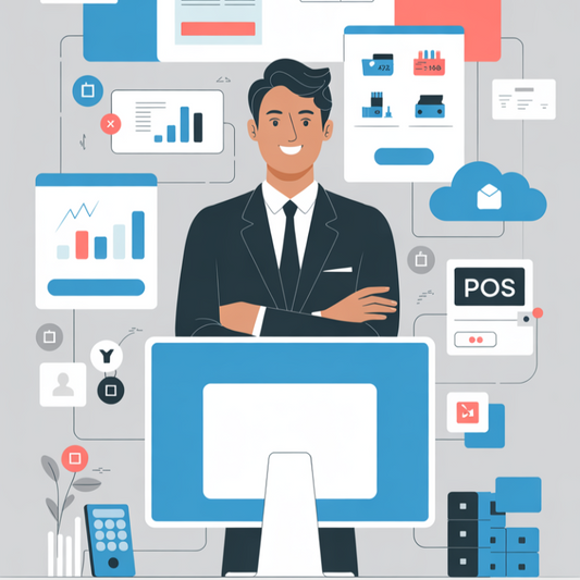 Illustrazione di un imprenditore davanti a un PC con interfaccia gestionale, grafici, POS, fatture e strumenti cloud, rappresentazione del software Danea Easyfatt