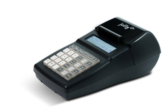 Registratore telematico Edit Jolly Go nero – vista angolata con tastiera e display LCD