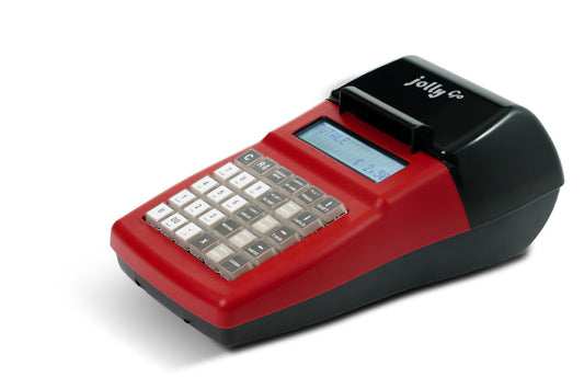 Registratore di cassa Edit Jolly Go rosso – vista obliqua con display attivo e tasti leggibili