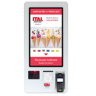 Totem self-service ITALKIOSK 270 frontalmente con interfaccia gelateria