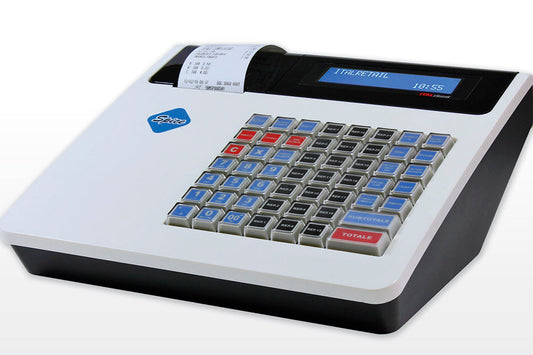 Registratore telematico Spice Ital-Retail – vista obliqua con tastiera da 56 tasti e stampa scontrino attiva