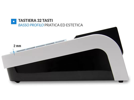 Vista laterale del registratore MCT K-BILL RT con tastiera meccanica a basso profilo da 2 mm
