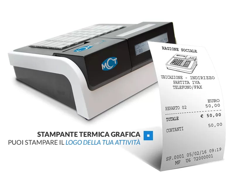 Registratore K-BILL RT in stampa con scontrino grafico personalizzato e logo attività