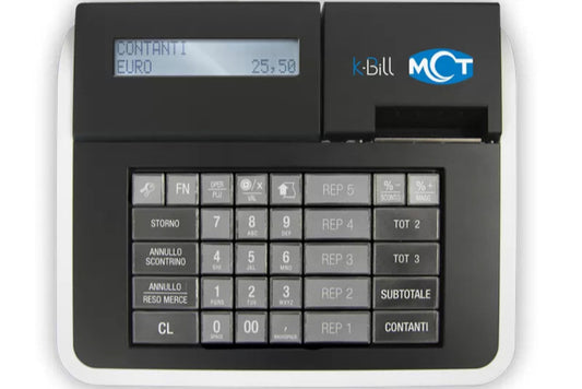 Vista dall’alto del registratore MCT K-BILL RT con doppio display e tastiera da 32 tasti
