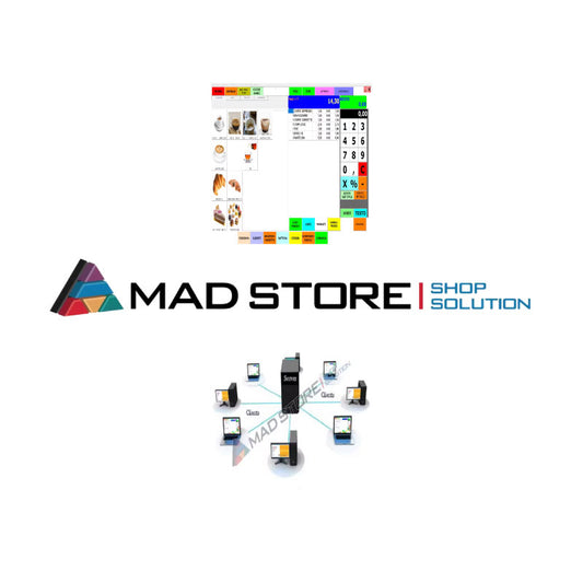 Interfaccia software MAD Store con logo e schema server-client per gestione negozi retail e punto cassa