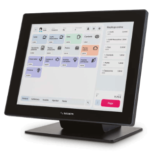 Vista angolata del POS ZW1 Italretail con schermo touch 15” e design compatto
