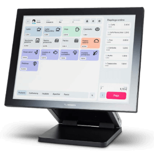 Vista angolata del POS ZW2 Italretail con display touch da 15” e sistema Windows
