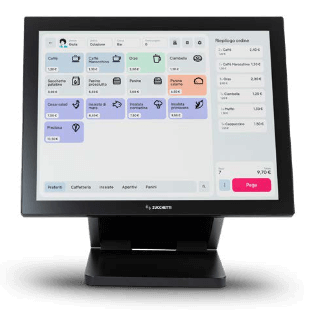 Vista frontale del sistema cassa ZW2 POS Italretail con display antiriflesso 15”
