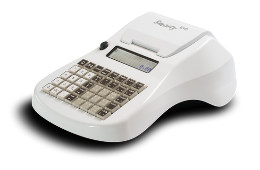 Registratore Smarty Evo bianco – vista angolata con tastiera completa e display LCD