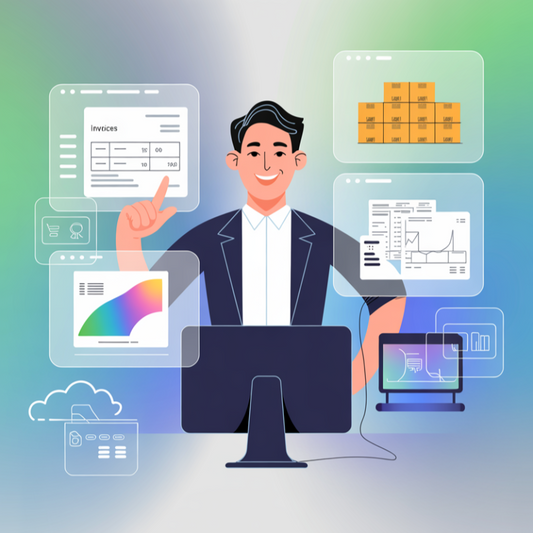 Immagine concettuale con schermate digitali fluttuanti: fatture, magazzino, vendite online e report, simbolo della trasformazione digitale con Danea Easyfatt