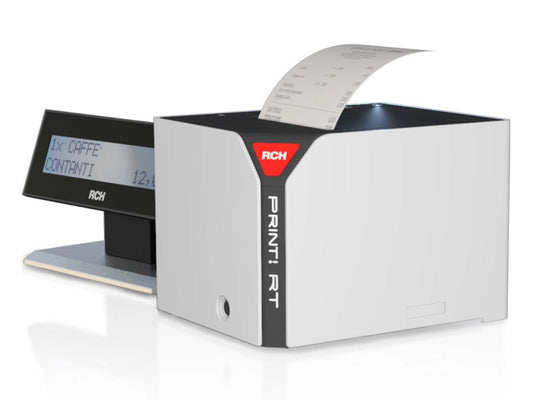 Stampante fiscale RCH PRINT! RT vista frontale con display cliente e scontrino